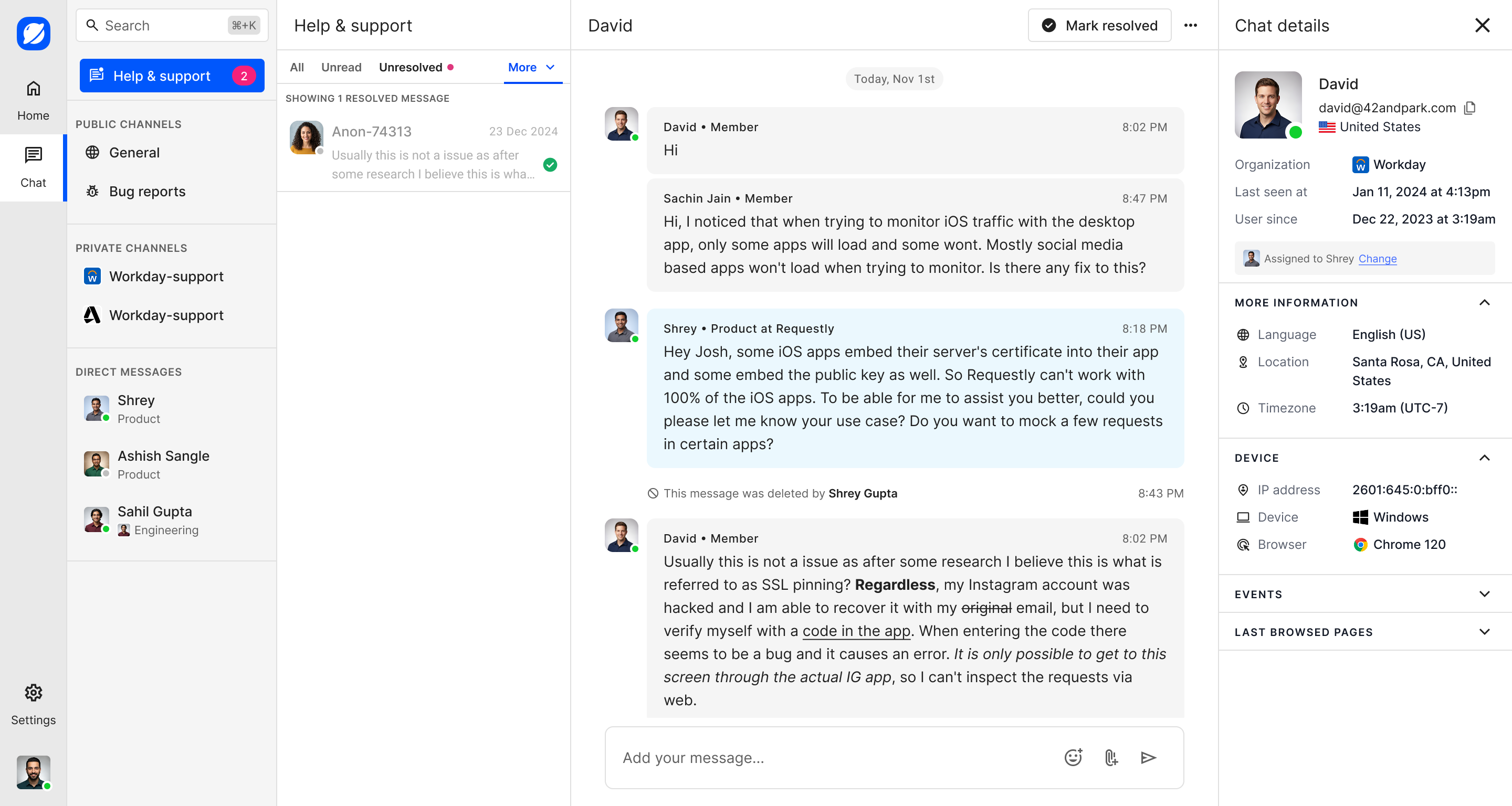 Help and support inbox filtered to resolved conversations
